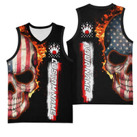 American Flag Skull Design Basketball Jersey with Bowling Elements and Fire Background with Custom Team Name Text - Wonder Print Shop