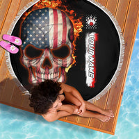 American Flag Skull Design Beach Blanket with Bowling Elements and Fire Background with Custom Team Name Text - Wonder Print Shop