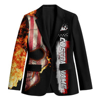 American Flag Skull Design Blazer with Bowling Elements and Fire Background with Custom Team Name Text - Wonder Print Shop