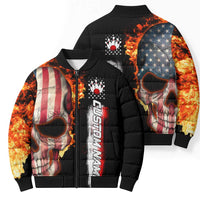American Flag Skull Design Bomber Puffer Jacket with Bowling Elements and Fire Background with Custom Team Name Text - Wonder Print Shop
