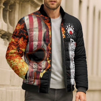 American Flag Skull Design Bomber Puffer Jacket with Bowling Elements and Fire Background with Custom Team Name Text - Wonder Print Shop
