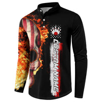 American Flag Skull Design Button Sweatshirt with Bowling Elements and Fire Background with Custom Team Name Text - Wonder Print Shop