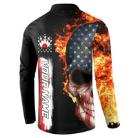 American Flag Skull Design Button Sweatshirt with Bowling Elements and Fire Background with Custom Team Name Text - Wonder Print Shop