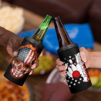 American Flag Skull Design 4 in 1 Can Cooler Tumbler with Bowling Elements and Fire Background with Custom Team Name Text - Wonder Print Shop