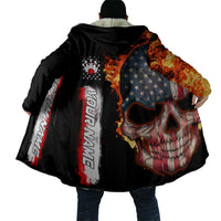 American Flag Skull Design Cloak with Bowling Elements and Fire Background with Custom Team Name Text - Wonder Print Shop