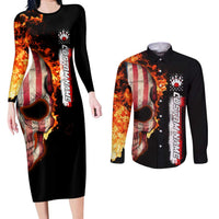American Flag Skull Design Couples Matching Long Sleeve Bodycon Dress and Long Sleeve Button Shirt with Bowling Elements and Fire Background with Custom Team Name Text - Wonder Print Shop