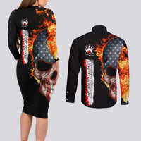 American Flag Skull Design Couples Matching Long Sleeve Bodycon Dress and Long Sleeve Button Shirt with Bowling Elements and Fire Background with Custom Team Name Text - Wonder Print Shop