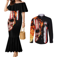 American Flag Skull Design Couples Matching Mermaid Dress and Long Sleeve Button Shirt with Bowling Elements and Fire Background with Custom Team Name Text - Wonder Print Shop