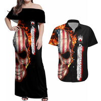 American Flag Skull Design Couples Matching Off Shoulder Maxi Dress and Hawaiian Shirt with Bowling Elements and Fire Background with Custom Team Name Text - Wonder Print Shop