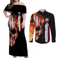 American Flag Skull Design Couples Matching Off Shoulder Maxi Dress and Long Sleeve Button Shirt with Bowling Elements and Fire Background with Custom Team Name Text - Wonder Print Shop
