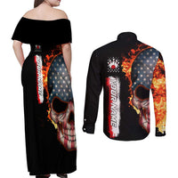 American Flag Skull Design Couples Matching Off Shoulder Maxi Dress and Long Sleeve Button Shirt with Bowling Elements and Fire Background with Custom Team Name Text - Wonder Print Shop