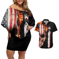 American Flag Skull Design Couples Matching Off Shoulder Short Dress and Hawaiian Shirt with Bowling Elements and Fire Background with Custom Team Name Text - Wonder Print Shop