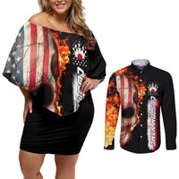 American Flag Skull Design Couples Matching Off Shoulder Short Dress and Long Sleeve Button Shirt with Bowling Elements and Fire Background with Custom Team Name Text - Wonder Print Shop