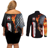 American Flag Skull Design Couples Matching Off Shoulder Short Dress and Long Sleeve Button Shirt with Bowling Elements and Fire Background with Custom Team Name Text - Wonder Print Shop