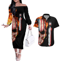 American Flag Skull Design Couples Matching Off The Shoulder Long Sleeve Dress and Hawaiian Shirt with Bowling Elements and Fire Background with Custom Team Name Text - Wonder Print Shop