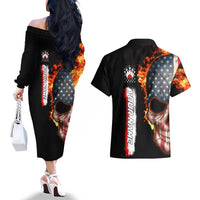 American Flag Skull Design Couples Matching Off The Shoulder Long Sleeve Dress and Hawaiian Shirt with Bowling Elements and Fire Background with Custom Team Name Text - Wonder Print Shop