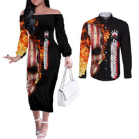 American Flag Skull Design Couples Matching Off The Shoulder Long Sleeve Dress and Long Sleeve Button Shirt with Bowling Elements and Fire Background with Custom Team Name Text - Wonder Print Shop