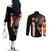 American Flag Skull Design Couples Matching Off The Shoulder Long Sleeve Dress and Long Sleeve Button Shirt with Bowling Elements and Fire Background with Custom Team Name Text - Wonder Print Shop