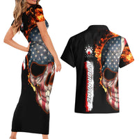 American Flag Skull Design Couples Matching Short Sleeve Bodycon Dress and Hawaiian Shirt with Bowling Elements and Fire Background with Custom Team Name Text - Wonder Print Shop