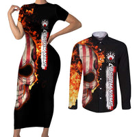 American Flag Skull Design Couples Matching Short Sleeve Bodycon Dress and Long Sleeve Button Shirt with Bowling Elements and Fire Background with Custom Team Name Text - Wonder Print Shop