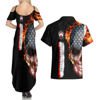 American Flag Skull Design Couples Matching Summer Maxi Dress and Hawaiian Shirt with Bowling Elements and Fire Background with Custom Team Name Text - Wonder Print Shop