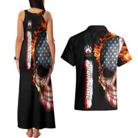 American Flag Skull Design Couples Matching Tank Maxi Dress and Hawaiian Shirt with Bowling Elements and Fire Background with Custom Team Name Text - Wonder Print Shop
