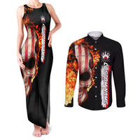 American Flag Skull Design Couples Matching Tank Maxi Dress and Long Sleeve Button Shirt with Bowling Elements and Fire Background with Custom Team Name Text - Wonder Print Shop