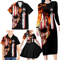 American Flag Skull Design Family Matching Long Sleeve Bodycon Dress and Hawaiian Shirt with Bowling Elements and Fire Background with Custom Team Name Text - Wonder Print Shop