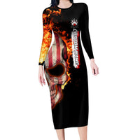 American Flag Skull Design Family Matching Long Sleeve Bodycon Dress and Hawaiian Shirt with Bowling Elements and Fire Background with Custom Team Name Text - Wonder Print Shop