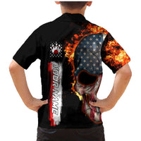 American Flag Skull Design Family Matching Mermaid Dress and Hawaiian Shirt with Bowling Elements and Fire Background with Custom Team Name Text - Wonder Print Shop