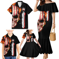 American Flag Skull Design Family Matching Mermaid Dress and Hawaiian Shirt with Bowling Elements and Fire Background with Custom Team Name Text - Wonder Print Shop