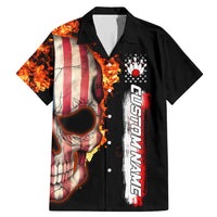 American Flag Skull Design Family Matching Mermaid Dress and Hawaiian Shirt with Bowling Elements and Fire Background with Custom Team Name Text - Wonder Print Shop