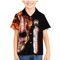 American Flag Skull Design Family Matching Mermaid Dress and Hawaiian Shirt with Bowling Elements and Fire Background with Custom Team Name Text - Wonder Print Shop