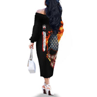 American Flag Skull Design Family Matching Off The Shoulder Long Sleeve Dress and Hawaiian Shirt with Bowling Elements and Fire Background with Custom Team Name Text - Wonder Print Shop