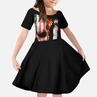 American Flag Skull Design Family Matching Off Shoulder Maxi Dress and Hawaiian Shirt with Bowling Elements and Fire Background with Custom Team Name Text - Wonder Print Shop