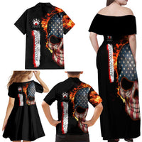 American Flag Skull Design Family Matching Off Shoulder Maxi Dress and Hawaiian Shirt with Bowling Elements and Fire Background with Custom Team Name Text - Wonder Print Shop