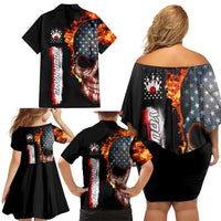 American Flag Skull Design Family Matching Off Shoulder Short Dress and Hawaiian Shirt with Bowling Elements and Fire Background with Custom Team Name Text - Wonder Print Shop