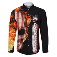 American Flag Skull Design Family Matching Puletasi and Hawaiian Shirt with Bowling Elements and Fire Background with Custom Team Name Text - Wonder Print Shop