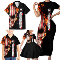 American Flag Skull Design Family Matching Short Sleeve Bodycon Dress and Hawaiian Shirt with Bowling Elements and Fire Background with Custom Team Name Text - Wonder Print Shop