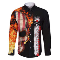 American Flag Skull Design Family Matching Short Sleeve Bodycon Dress and Hawaiian Shirt with Bowling Elements and Fire Background with Custom Team Name Text - Wonder Print Shop