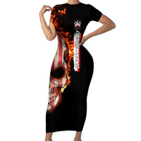 American Flag Skull Design Family Matching Short Sleeve Bodycon Dress and Hawaiian Shirt with Bowling Elements and Fire Background with Custom Team Name Text - Wonder Print Shop