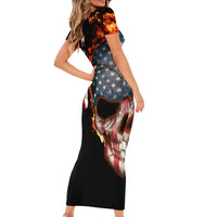 American Flag Skull Design Family Matching Short Sleeve Bodycon Dress and Hawaiian Shirt with Bowling Elements and Fire Background with Custom Team Name Text - Wonder Print Shop