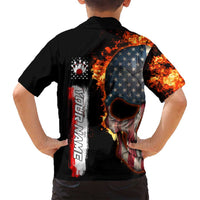 American Flag Skull Design Family Matching Summer Maxi Dress and Hawaiian Shirt with Bowling Elements and Fire Background with Custom Team Name Text - Wonder Print Shop