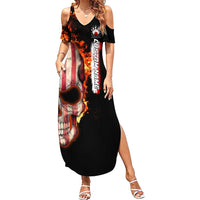 American Flag Skull Design Family Matching Summer Maxi Dress and Hawaiian Shirt with Bowling Elements and Fire Background with Custom Team Name Text - Wonder Print Shop