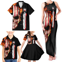 American Flag Skull Design Family Matching Tank Maxi Dress and Hawaiian Shirt with Bowling Elements and Fire Background with Custom Team Name Text - Wonder Print Shop