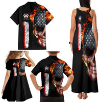 American Flag Skull Design Family Matching Tank Maxi Dress and Hawaiian Shirt with Bowling Elements and Fire Background with Custom Team Name Text - Wonder Print Shop