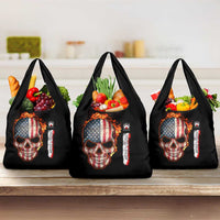 American Flag Skull Design Grocery Bag with Bowling Elements and Fire Background with Custom Team Name Text - Wonder Print Shop