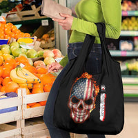 American Flag Skull Design Grocery Bag with Bowling Elements and Fire Background with Custom Team Name Text - Wonder Print Shop
