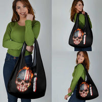 American Flag Skull Design Grocery Bag with Bowling Elements and Fire Background with Custom Team Name Text - Wonder Print Shop