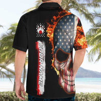American Flag Skull Design Hawaiian Shirt with Bowling Elements and Fire Background with Custom Team Name Text - Wonder Print Shop